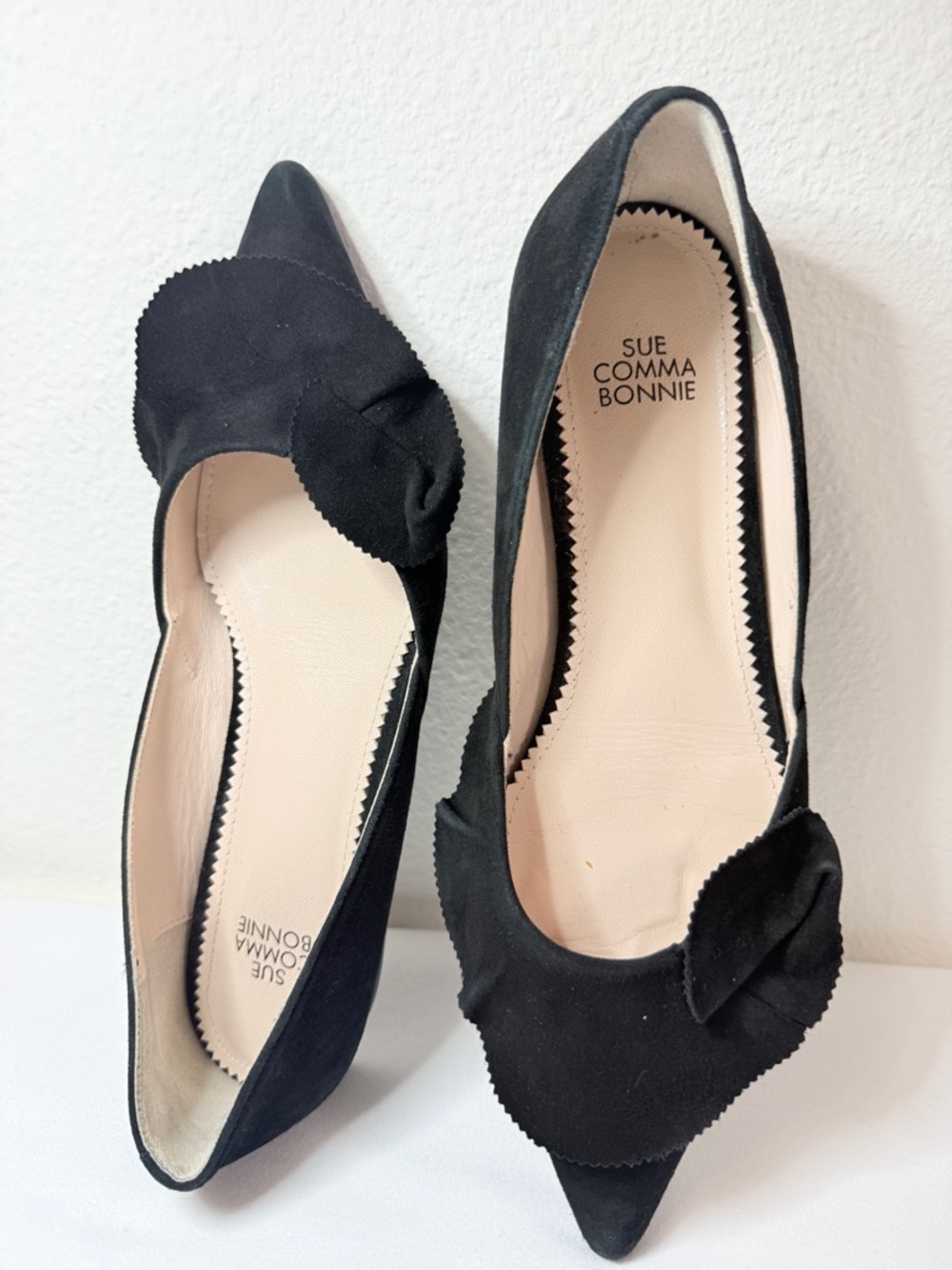 Suecomma Bonnie Bow Flats Black Suede Pointed Toe EU 37.5